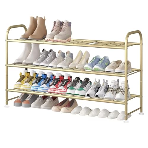 Image of LINZINAR Shoe Rack Long 3 Tier Shoe Storage Organizer Metal Wide Shoe Shelf for Closet Entryway Bedroom 24 Paris Large Capacity, Gold
