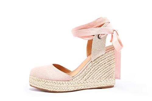 Image of FISACE Womens Summer Espadrille Heel Platform Wedge Sandals Ankle Buckle Strap Closed Toe Shoes