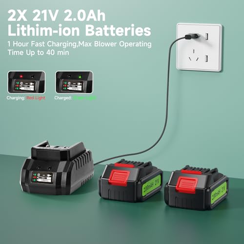 FethFire Laubbläser mit Akku und Ladegerät, 21V laubsauger Elektro,260 km/h, 2 Geschwindigkeit,Zwei 2.0Ah Leichtbau-Akkus für Rasenpflege, Terrasse, Laubblasen – Bild 3