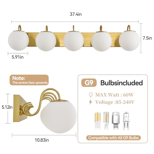 Image of Vintage Brushed Gold Bathroom Vanity Light Fixtures Over Mirror 5 Lights