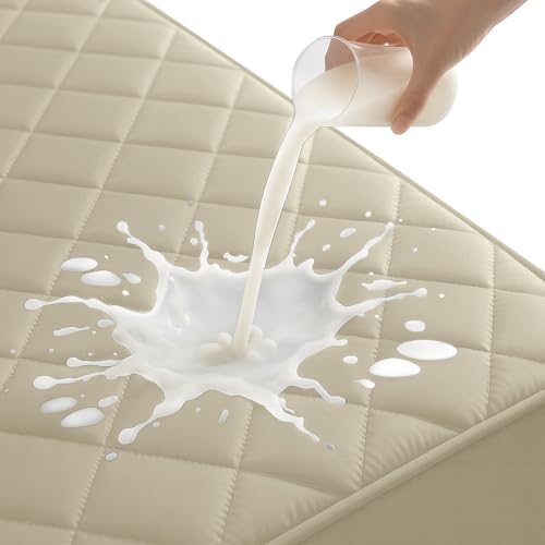 YSTELLAA Impermeable Protector Colchon 160x200cm, Funda Colchon Antiacaros Allergenic, Transpirable, Ajustabl Cubre Colchón Estira hasta 30cm De Profundidad, Caqui