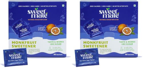 Image of Sweetmate Monkfruit Sweetener - 60 Sachets (240g) | Natural Zero Calorie Sugar Substitute | Low Carb 1:1 Sugar Replacer | Keto Diabetic Friendly Monk Fruit Extract Sweetener | Cooking Baking Tea Coffee