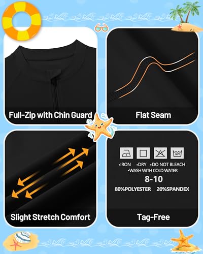 Image of Runhit Boys UPF 50+ Rash Guard Long Sleeve Zip Up 2T to Youth UV Sun Protection Shirt for Beach Surf Fish Quick Dry