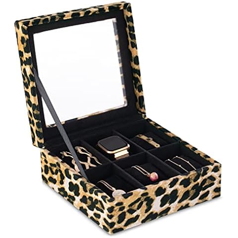AmeliaHome Jewellery Box Storage Box Jewellery Box Organiser 18 x 7 cm Animal Pattern Glass Leopard Cover