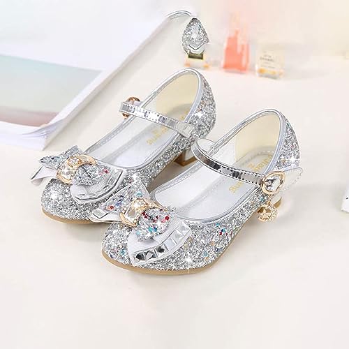Yoawdats Girls Toddler Dress Shoes Sparkly Ruby Bowkno Flowert Wedding Party Bridesmaids Low Heel Princess Shoes for Kids (Silver, 18.2 cm)2
