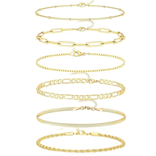 EclatPopu Ankle Gold Bracelets Set for Women - Adjustable 6.5"+ 2" Extender - 14k Gold Plated - Set of 6