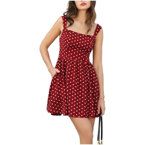 Belle Poque Robe à pois pour femme - Col carré - Bretelles larges - Dos froncé - Ligne A - Mini robe fluide - Robe d'été pour les loisirs et les fêtes, Blanc et...