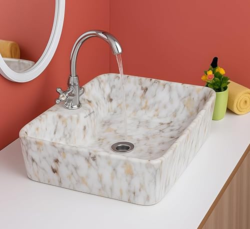 Image of Ceramic Table Top Wash Basin - Premium White Countertop Vanity Sink for Bathroom, Hotel and Home Washrooms, Modern Design, 19 x 14 x 5 Inch