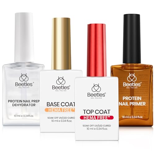 Beetles Hema Free Protein Nail Prep Dehydrator & Primer with Gel Base and Top Coat Gel Nail Kit, Strengthening Nail Prep System, Soak Off UV LED Gel for Sensitive Nails Set