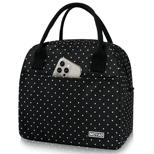 Moyad Sac Isotherme Repas 10L Lunch Bag pour Déjeuner Pique-nique Travail Bureau Plage, Noir à Pois Blancs