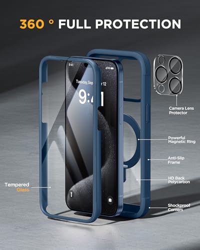 Image of Miracase for iPhone 15 Pro Max Case with 360 Magnetic Ring Stand [Compatible with Magsafe] Full-Body Drop Proof Bumper Phone Case with Built-in 9H Tempered Glass Screen Protector,Blue