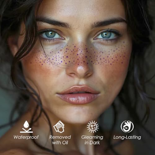 Image of Glitter Freckles, 24PCS Glitter Freckles Face Tattoo, Sparkle Freckles for Women, Waterproof Gold Temporary Face Tattoos Glitter Glow Up Patches Makeup Patches Festival (Purple 10pcs)