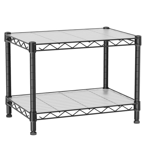 Golpart Small 2 Tier Shelves Storage Wire Shelving Unit Metal Shelf Adjustable Organizers Storage Shelving with Wheels for Bathroom Laundry Room Kitchen Pantry12”D x 18”W x 12.2”H Black