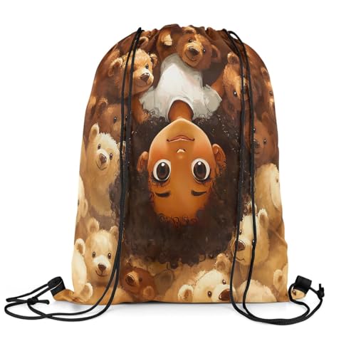 Image of jejeloiu Cute Black Drawstring Backpack 13x15.7inch African American Waterproof Gym Drawstring Bags Bear Sports String Backpack Beach Swim Travel Bag Sackpack(No Glitter)