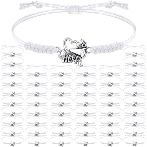 Image of Inbagi 48 Pcs Cheer Team Gifts Bulk Cheerleader Bracelet Party Favors | Adjustable, Jewelry Accessories, Squad Gifts for Team Members, End of Season Appreciation, Braided Cord with Heart Charm