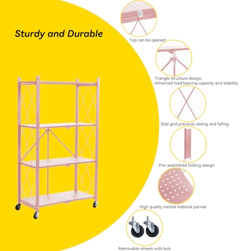 Image of BRIAN & DANY 4-Tier Foldable Storage Shelves with Wheels, Folding Metal Rack Shelving Unit, Heavy Duty No Assembly Organizer Shelf for Garage, Kitchen, Basement, Pantry, Pink