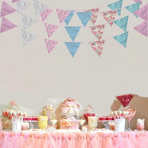 Image of Zwiebeco 32Ft Pink Blue Purple Floral Fabric Bunting Triangle Flag Cotton Flower Pennant Banner Decoration for Birthday Wedding Engagement Baby Shower Tea Party Spring Rustic Village Home Garden Decor