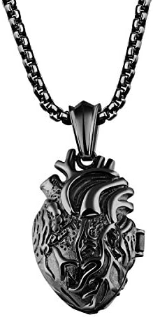 Stainless Steel Anatomical Heart Locket Pendant Necklace for Men Women, Silver/Gold/Black