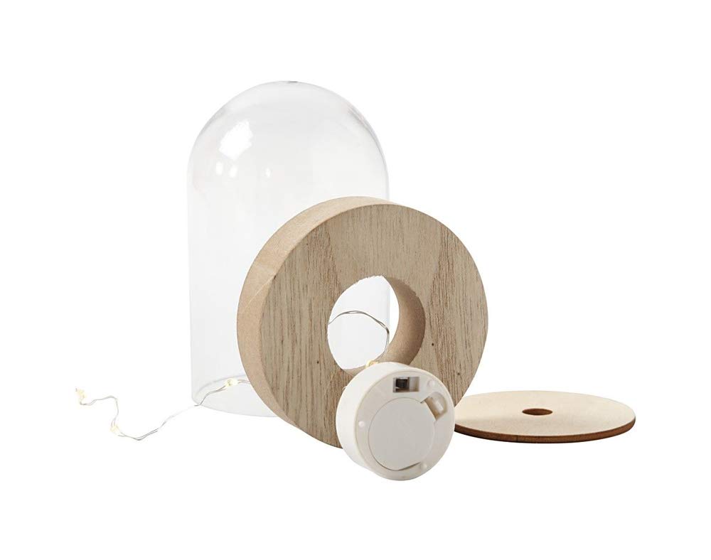 Crafty Capers 12.5cm Tall Plastic Bell Jar Cloche on Wooden Stand with LED Fairy Lights