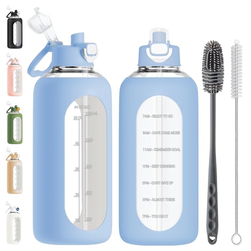 RNCKUUE Botella de cristal de 2 litros, botella de cristal de 2 litros, botella de agua con pajita, cepillo para botellas, color azul