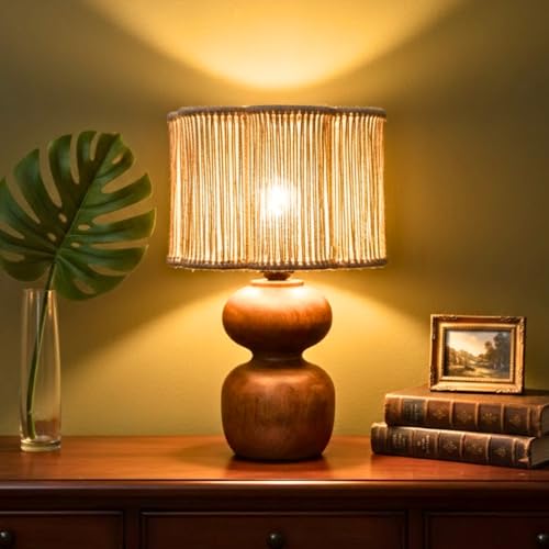 Image of The Decor Mart Jute Shade Table Lamp with Wooden Base|Sleek Decor Decorative Beside Light for Desk,Bedroom, Living Room, Home Office and Hotel(20x20x30 cm) (Off White)