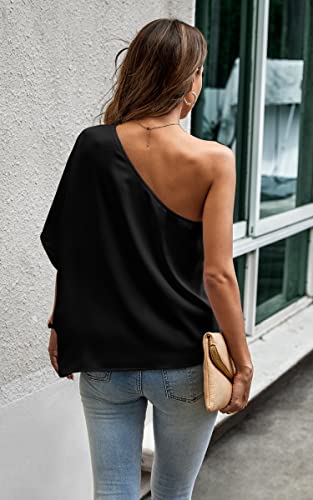 Image of Angashion Women's Summer Tops Casual One Shoulder Short Sleeves Blouses Sleeveless Tie Knot Asymmetrical Hem Tee Shirt