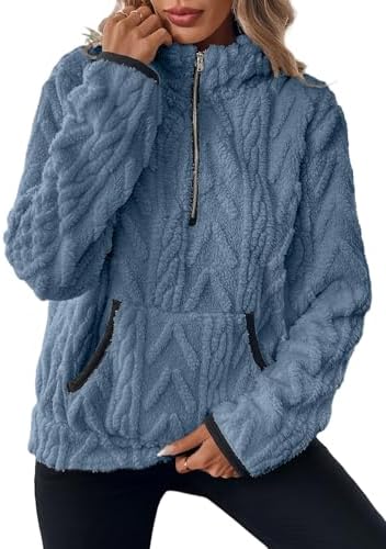 ROFUSSO Damen Fleece Sweatshirt Teddy Fleecepullover Winter Oversize Sweatshirt Warm Plüschjacke mit Taschen