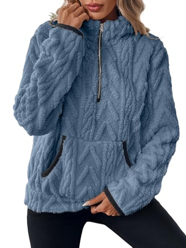 ROFUSSO Fluffig tröja för kvinnor, teddy, fleecetröja, vinter, fritid, sweatshirt, varm, sherpa tröja med fickor, blå, L