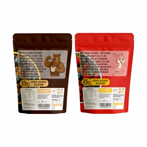 Image of GrowFitz 25g High Protein Oats 800 Gram, Pack of 2 | Strawberry & Coffee Mocha Flavor Combo Breakfast Oatmeal | 17g High Fiber, Almonds, Raisin, Pumpkin, Chia Seeds, Super Rolled Oats | No Added Sugar