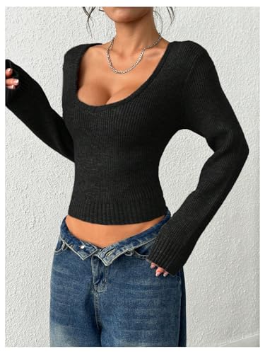 Milumia Women's Sexy Scoop Neck Cropped Sweater Long Sleeve Ribbed Knit Slim Fit Pullover Crop Top2