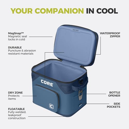 Image of CORE Magnetic Leak Proof Soft Cooler with Waterproof Zipper | Insulated Bag Portable Ice Chest Box | Best Soft Cooler for Food & Beverages for Tailgating, Car Camping, Travel, and Family Beach Picnics
