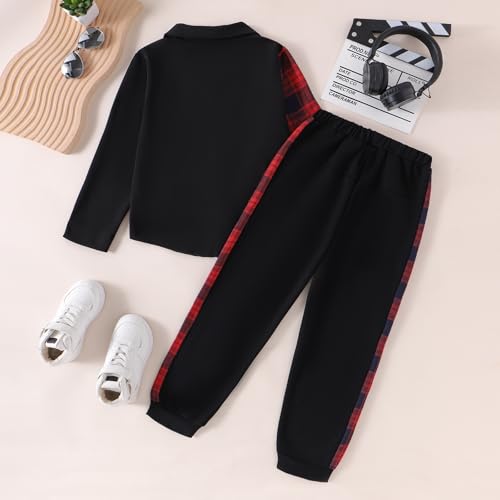 Image of Boy Clothes Fall Winter Outfits Long Sleeve Plaid Patchwork Button Down Shirt + Casual Pocket Sweatpants 5-14 Years