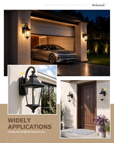 Image of Beionxii 21Inch Outdoor Wall Light, Dusk to Dawn Large Outdoor Wall Lantern | Porch Lantern,Black Front Door Wall Lighting,Cast Aluminum w /Clear Glass for Coastal Pillars Paths Porch,120V, BX-OD02-WL-21S