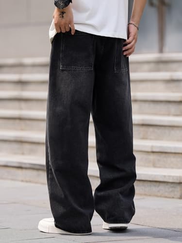 Image of DFGIGT Mens Baggy Jeans Wide Leg Denim Pants Y2k Loose Fit Streetwear | Hip Hop,Vintage 2000s,Jinco Jeans,Straight Leg,5 Pockets