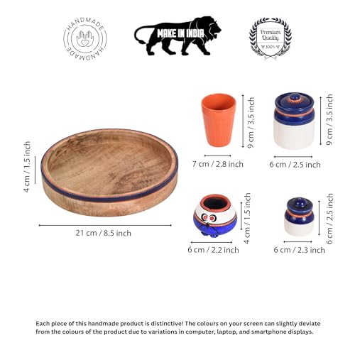 Image of AAKRITI ART CREATIONS Flavor Craft Delights with Tray | Set of 4 Ceramic Achar ki Barni & Mukhwas Box | Includes Glass, Toothpick Holder, Salt & Pepper Shakers & Spoons