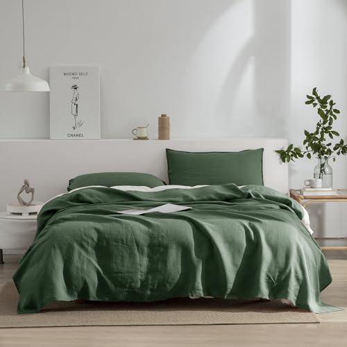 EVERLY Linen Full Size Sheets Set,100% French Washed Pure Linen Bed Sheets Deep Pocket Sheets,4Pieces(1Flat Sheet,1Fitted Sheet,2Pillowcase) Suitable for Hot Sleepers,180GSM Dark Green Bedding Set