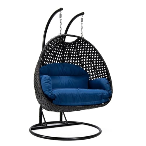 Image of Double Seater Hammock Swing Chair with Stand & Cushion | Heavy Duty Powder Coated Steel Frame | Outdoor Indoor Hanging Swing for Patio Balcony Garden Terrace Living Room (Black-Sky.Blue)