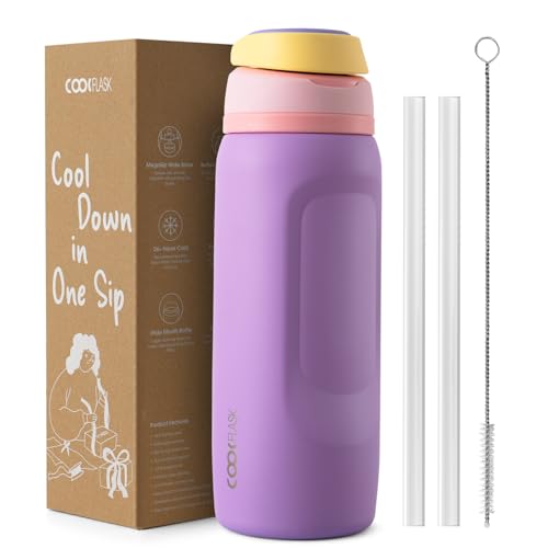 Image of Coolflask MegaSip Insulated Water Bottle 32 oz with Straw, Wide Mouth Water Bottles Leak-Proof, 24+ Hours Cold, BPA-Free Dishwasher Safe, Metal Water Flask for Sports Gym Work Office, Sunrise Purple
