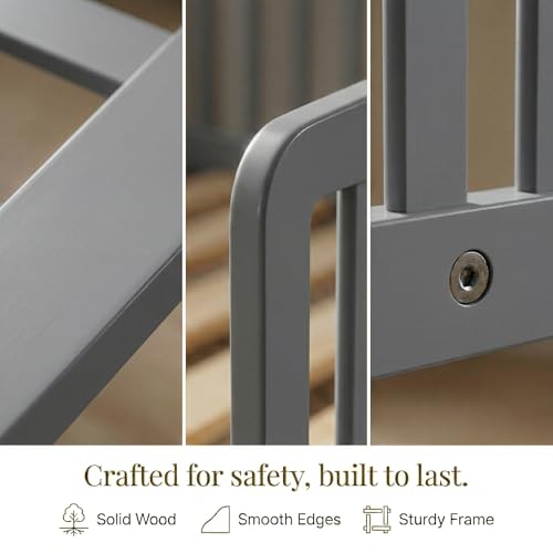 Image of Bellemave Full Size Montessori Floor Bed Frame with High Fence, Solid Wood Kids Floor Bed with Central Entrance, Low Profile Bed for Boys & Girls, Rounded Corner Design,Gray