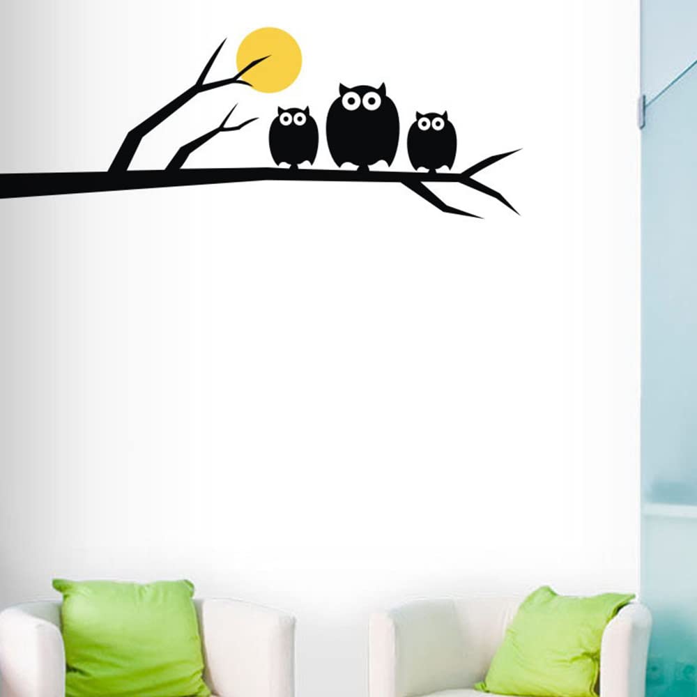 Cute Owls on The Tree Branch Wall Decals for Baby Kid Nursery Room (Black)