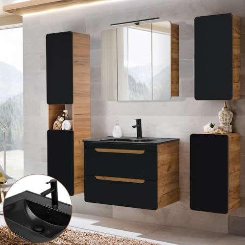 Lomadox Ensemble complet de meubles de salle de bain en anthracite satiné avec lavabo en céramique et armoire miroir LED Wotan de 81 cm et armoire miroir...