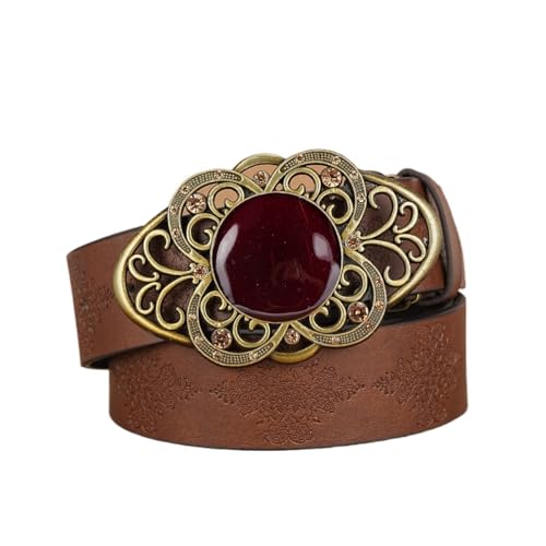 Ceinture western femme motif floral relief et grande boucle rouge