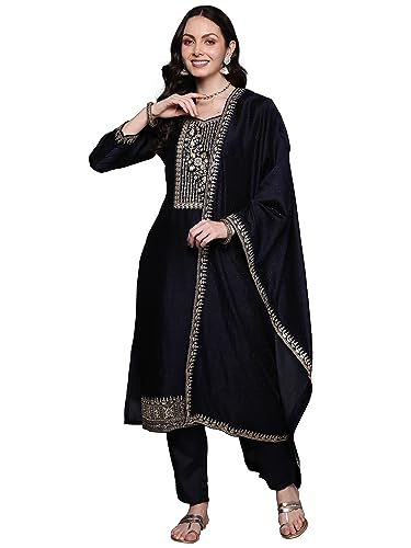 Image of INDO ERA Women's Polyester A-Line Viscose Kurta Pant With Dupatta Set