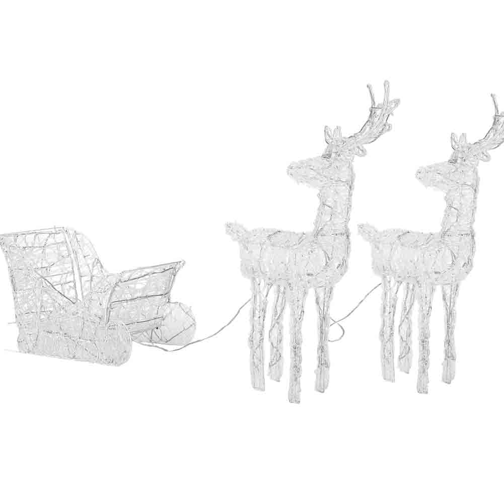 BAKAJI Traîneau et Rennes de Noël 3D Lumineux 240 lumières LED Blanc Chaud pour Jardin extérieur à Piles 7 Effets Lumineux Hauteur Rennes 68 cm traîneau 35 cm