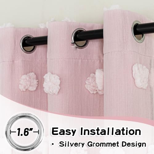 Image of MYSKY HOME Double Layer Curtains for Girls Bedroom Kids Curtain Pink Pom Pom Sheer Window Curtains 2 Panels Pink Curtains Grommet Room Darkening Solid Nursery Curtains 63 Inches Length, W52 X L63