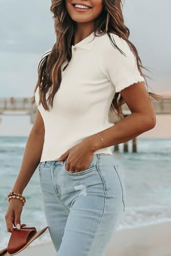 Image of Womens Short Sleeve Sweater Tops V Neck Button Collared Ribbed Knit Pullover Shirt Slim Cropped Fall Blouse Tee