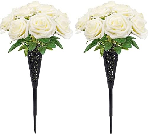 bocola 22 Creamy White Rose Artificial Flowers with 2 Plastic Vase Cemetery Headstones Grave Decorations Human Tombstone Markers Graveside Flower Floral Holder with Drain Hole Outdoor Memorials