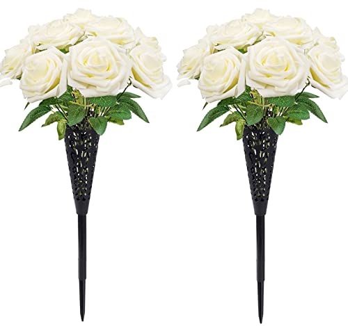 Bocola 22 Creamy White Rose Artificial Flowers With 2 Plastic Vase Cemetery Headstones Grave Decorations Human Tombstone Markers Graveside Flower Floral Holder With Drain Hole Outdoor Memorials #TOP29