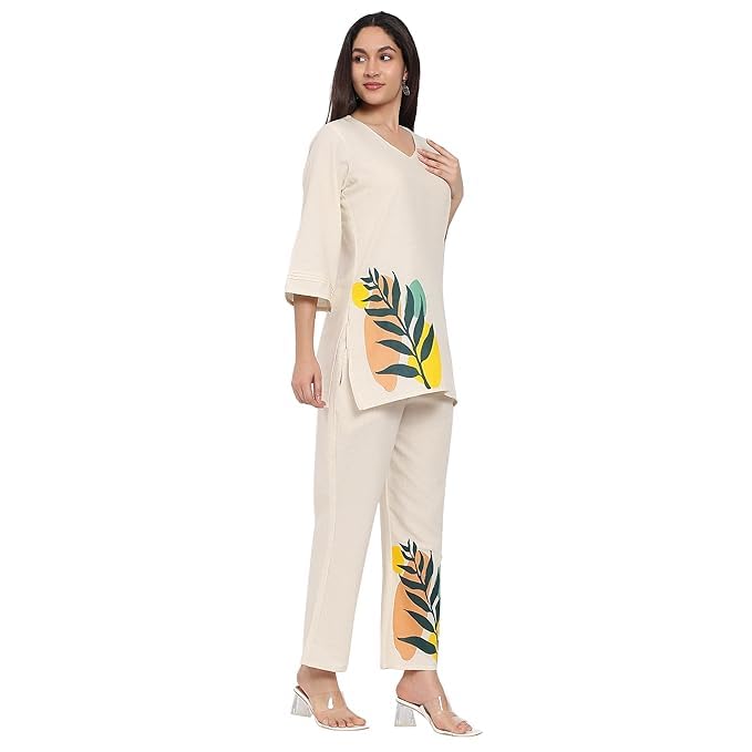 Women Summer 2 Piece Co-Ord Set Outfits 2025 Summer Tracksuit Sets Short Sleeve Tops Long Pants Jogger Lounge Set (LEAVE PRINT OFF-WHITE)-image-37