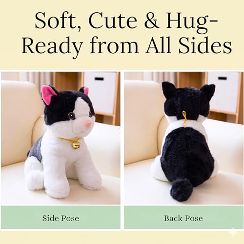Image of Tickles Cute Sitting Cat Soft Stuffed Plush Animal Toy for Kids Boys & Girls Birthday Gift (Size: 30 cm Color: Black & White)